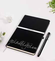 Kişiye Özel İsimli Günlüğüm Tasarımlı Siyah Defter Kalem Seti-1