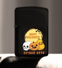 Kişiye Özel Happy Halloween Tasarımlı Renkli Baskılı Siyah Benzinli Metal Çakmak-4