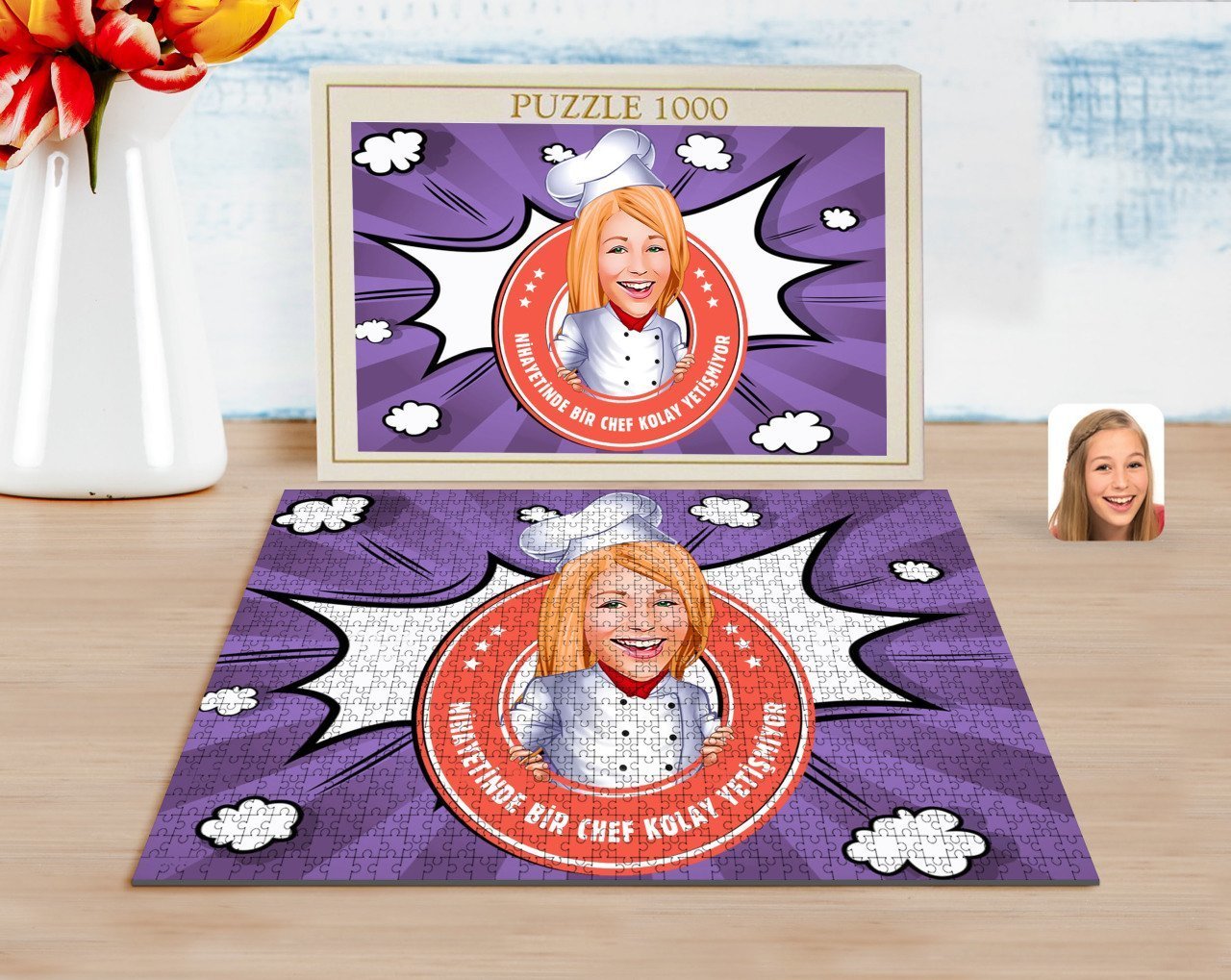 Kişiye Özel Kadın Chef Kolay Yetişmiyor Karikatürlü 1000 Parça Profesyonel Puzzle-1