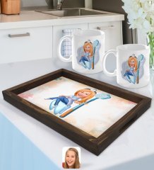 Kişiye Özel Kadın Diş Hekimi Karikatürlü Doğal Ahşap Tepsi ve 2’li Kupa Bardak Seti-2