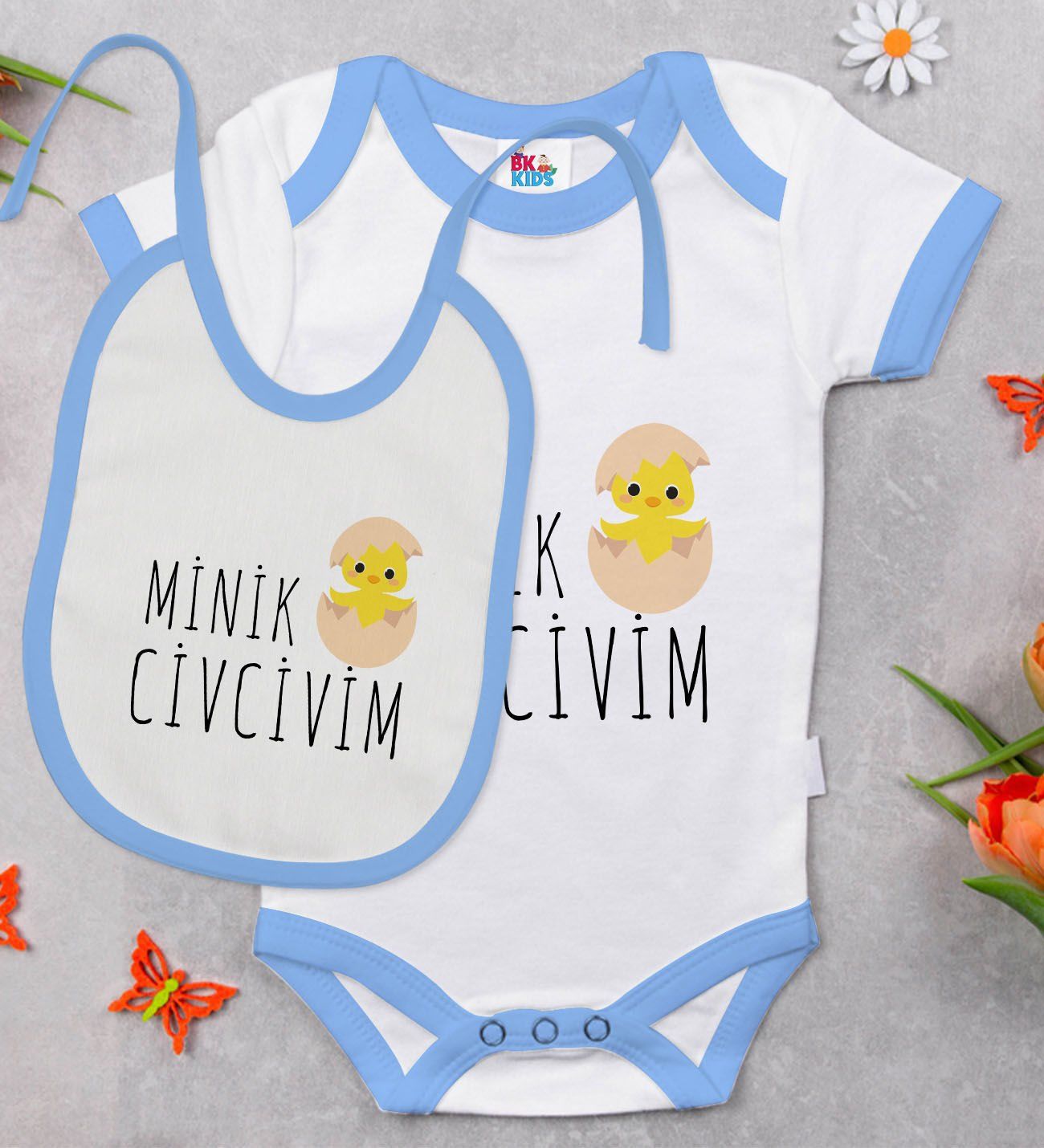 BK Kids Minik Civcivim Tasarımlı Mavi Bebek Body Zıbın ve Mama Önlüğü Hediye Seti-1