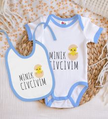 BK Kids Minik Civcivim Tasarımlı Mavi Bebek Body Zıbın ve Mama Önlüğü Hediye Seti-1