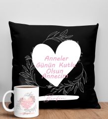 BK Gift Kişiye Özel İsimli Anneler Günü Tasarımlı Siyah Kırlent Yastık ve Kupa Seti, Anneye Hediye, Ev Dekorasyonu, Anneler Günü Hediyesi-2