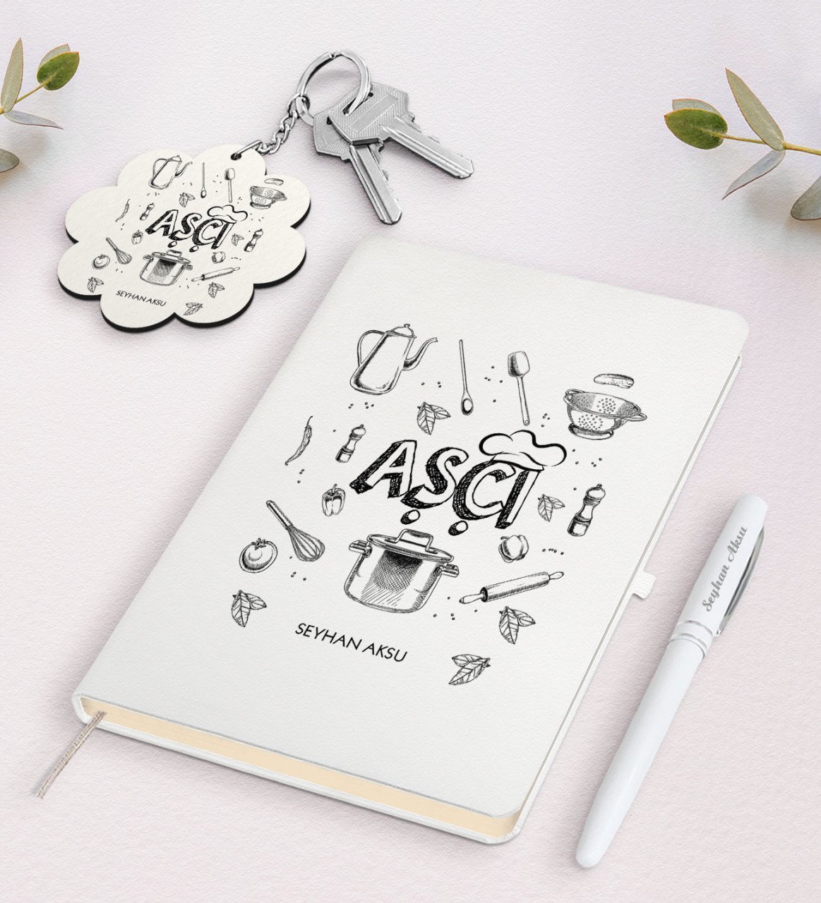 Kişiye Özel Aşçı Beyaz Defter Kalem Ve Anahtarlık Hediye Seti-1