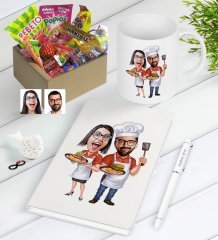 Kişiye Özel Aşçı Çift Karikatürlü Nostaljik Lezzetler Defter Kalem Kupa Hediye Seti