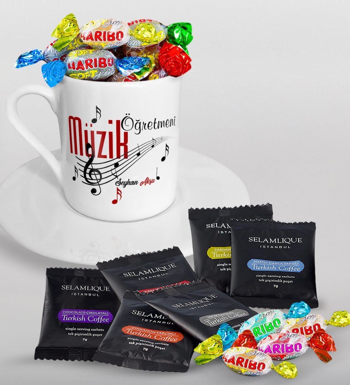 Kişiye Özel Müzik Öğretmeni Türk Kahvesi Fincanı Selamlique Karışık Türk Kahvesi ve Haribo Şeker Hediye Seti
