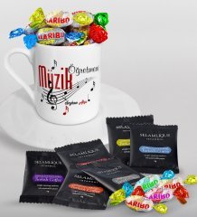 Kişiye Özel Müzik Öğretmeni Türk Kahvesi Fincanı Selamlique Karışık Türk Kahvesi ve Haribo Şeker Hediye Seti