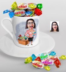 Kişiye Özel Bayan Öğretmen Karikatürlü Türk Kahvesi Fincanı ve Haribo Şeker Hediye Seti-5