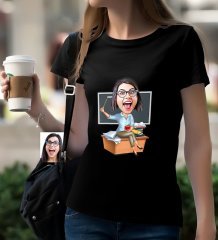 Kişiye Özel Bayan Öğretmen Karikatürlü Siyah T-Shirt-2