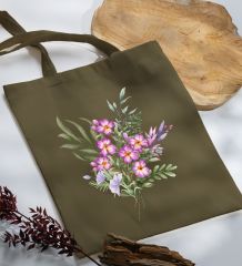 BK Gift Çiçek Tasarımlı-3 Haki Kumaş Bez Çanta, Baskılı Omuz Çantası, Alışveriş Çantası, Arkadaşa Hediye