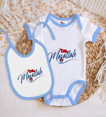 BK Kids Maşallah Tasarımlı Mavi Bebek Body Zıbın ve Mama Önlüğü Hediye Seti-3
