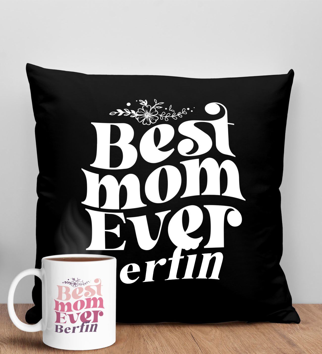 BK Gift Kişiye Özel İsimli Anneler Günü Tasarımlı Siyah Kırlent Yastık ve Kupa Seti, Anneye Hediye, Ev Dekorasyonu, Anneler Günü Hediyesi-1