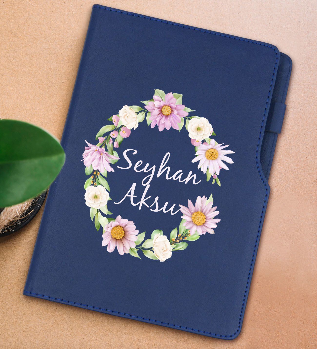 BK Gift Kişiye Özel Çiçek Tasarımlı Lacivert Termo Deri Not Defteri 15x21cm-4