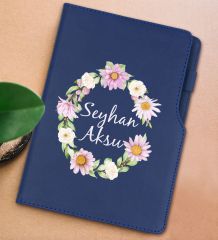 BK Gift Kişiye Özel Çiçek Tasarımlı Lacivert Termo Deri Not Defteri 15x21cm-4