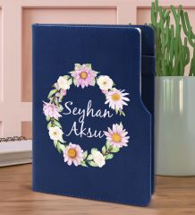 BK Gift Kişiye Özel Çiçek Tasarımlı Lacivert Termo Deri Not Defteri 15x21cm-4