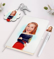 Kişiye Özel Kadın Karikatürlü Beyaz Defter Kalem ve Anahtarlık Hediye Seti-12