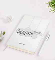 Kişiye Özel İsimli İdeallerim Hayallerim Tasarımlı Beyaz Defter Kalem Seti-1