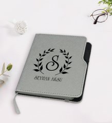 Kişiye Özel Çelenk Baş Harfli İsimli Gri Termo Deri Defter-4