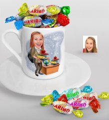 Kişiye Özel Bayan Öğretmen Karikatürlü Türk Kahvesi Fincanı ve Haribo Şeker Hediye Seti-4