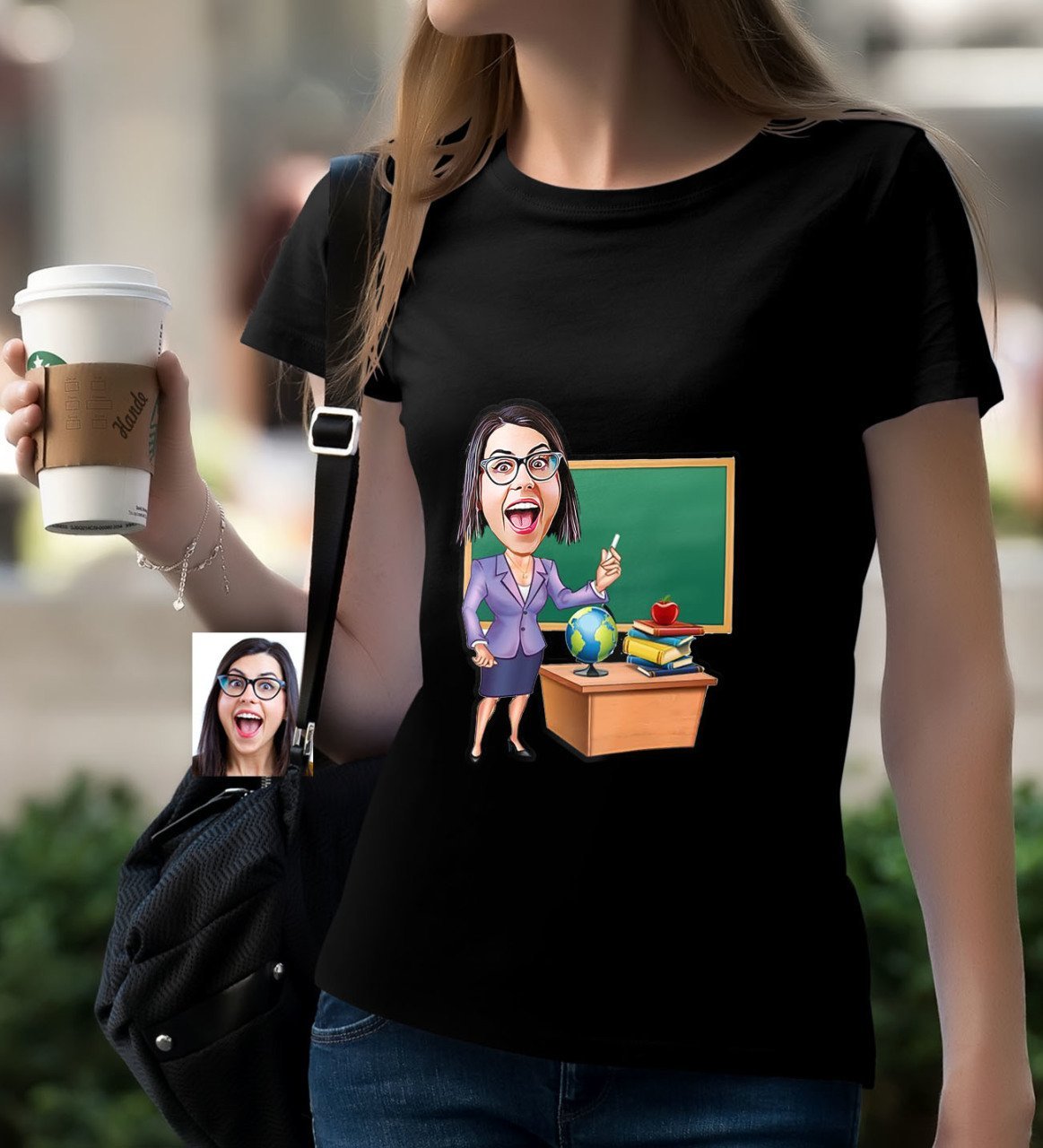 Kişiye Özel Bayan Öğretmen Karikatürlü Siyah T-Shirt-1