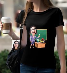 Kişiye Özel Bayan Öğretmen Karikatürlü Siyah T-Shirt-1