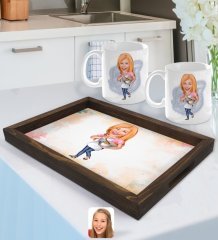 Kişiye Özel Kadın Chef Karikatürlü Doğal Ahşap Tepsi ve 2’li Kupa Bardak Seti