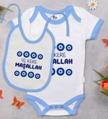 BK Kids Maşallah Tasarımlı Mavi Bebek Body Zıbın ve Mama Önlüğü Hediye Seti-2