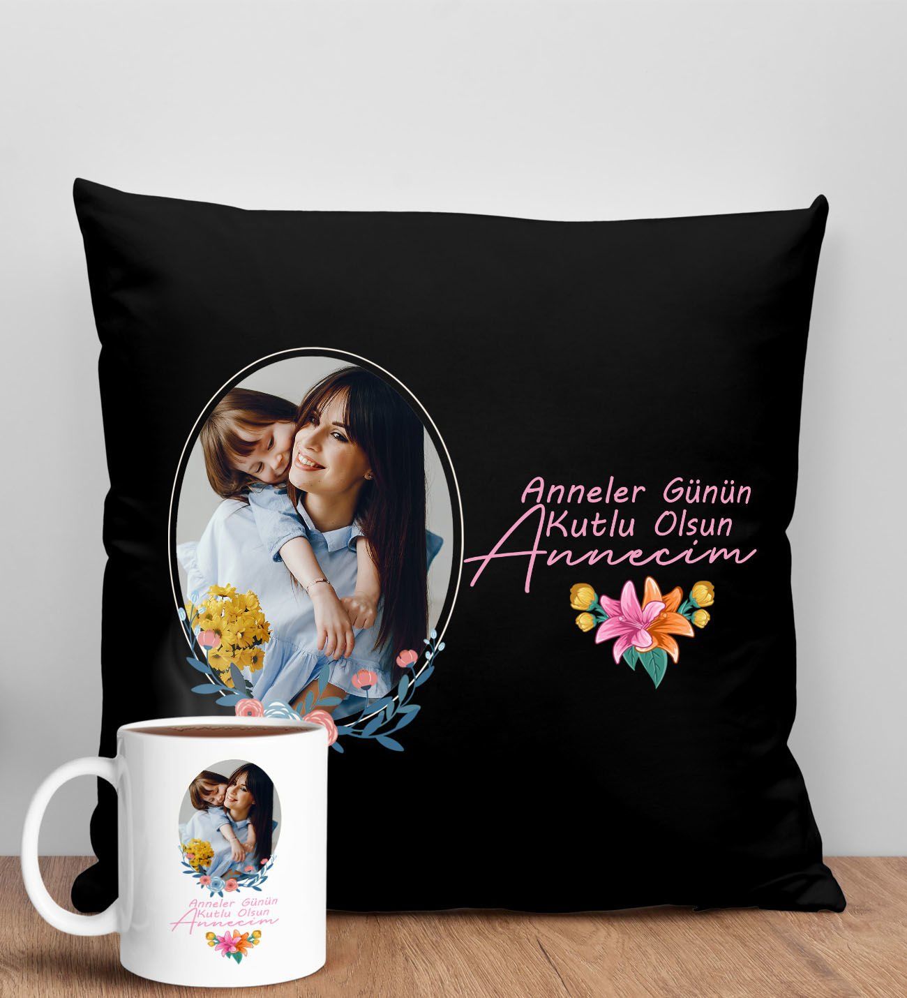 BK Gift Kişiye Özel Fotoğraflı Anneler Günü Tasarımlı Siyah Kırlent Yastık ve Kupa Seti, Anneye Hediye, Ev Dekorasyonu, Anneler Günü Hediyesi-1