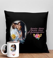 BK Gift Kişiye Özel Fotoğraflı Anneler Günü Tasarımlı Siyah Kırlent Yastık ve Kupa Seti, Anneye Hediye, Ev Dekorasyonu, Anneler Günü Hediyesi-1