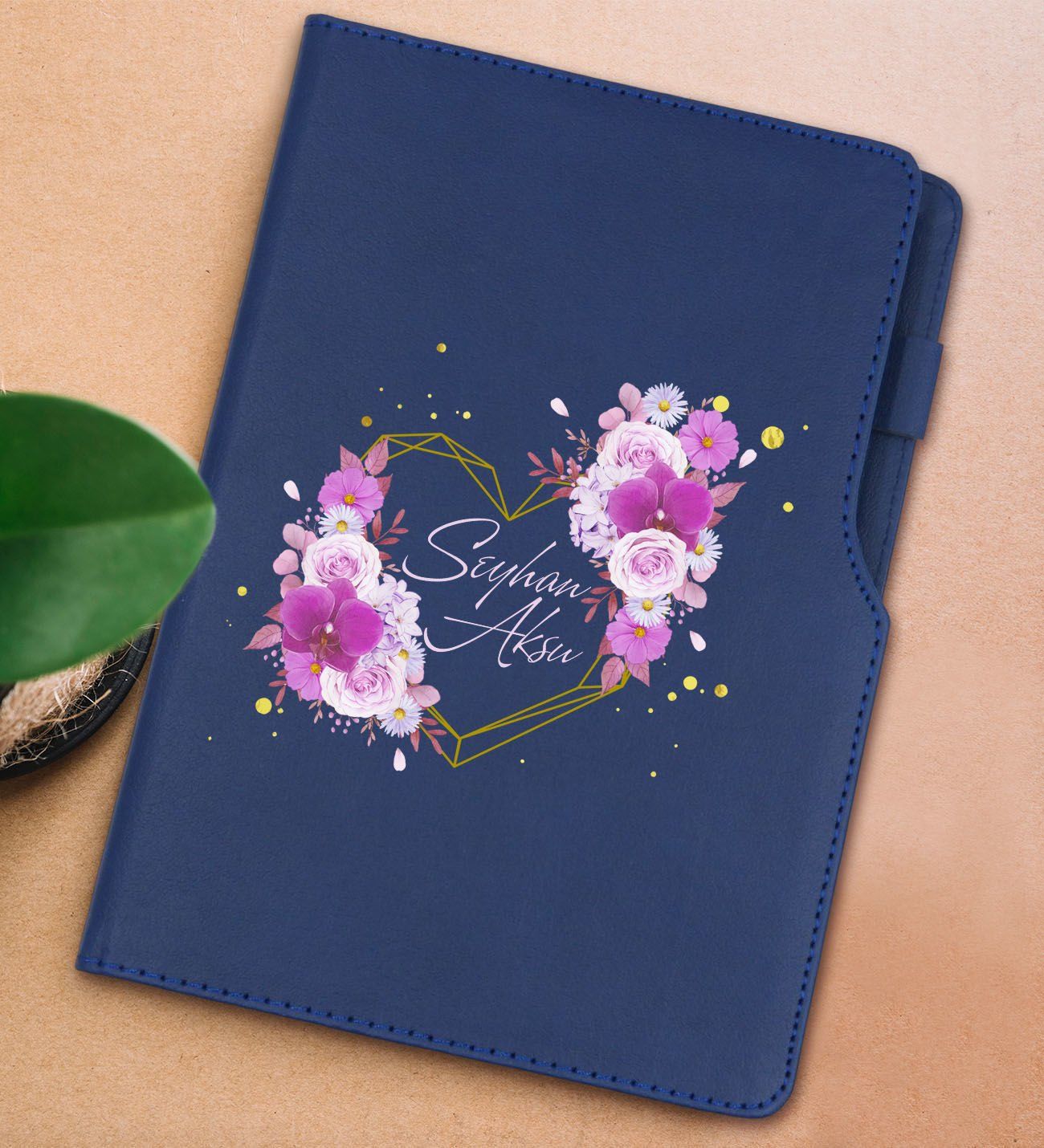 BK Gift Kişiye Özel Çiçek Tasarımlı Lacivert Termo Deri Not Defteri 15x21cm-3