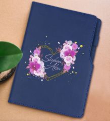 BK Gift Kişiye Özel Çiçek Tasarımlı Lacivert Termo Deri Not Defteri 15x21cm-3