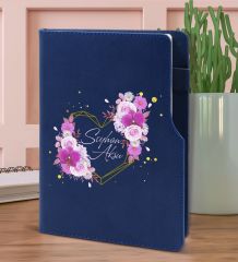 BK Gift Kişiye Özel Çiçek Tasarımlı Lacivert Termo Deri Not Defteri 15x21cm-3
