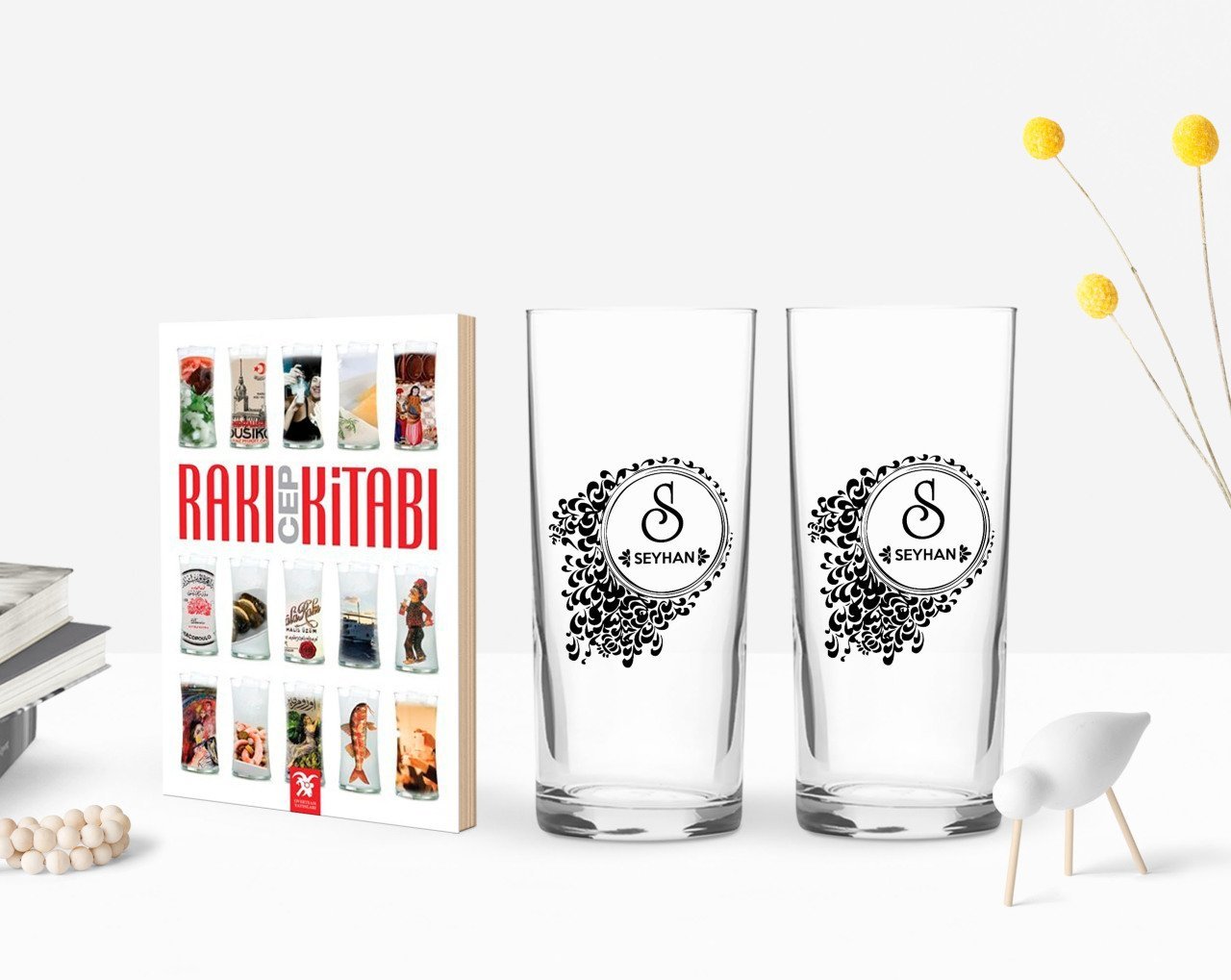 Kişiye Özel Renkli Baskılı İsimli İkili Rakı Bardağı ve Rakı Cep Kitabı Hediye Seti-114