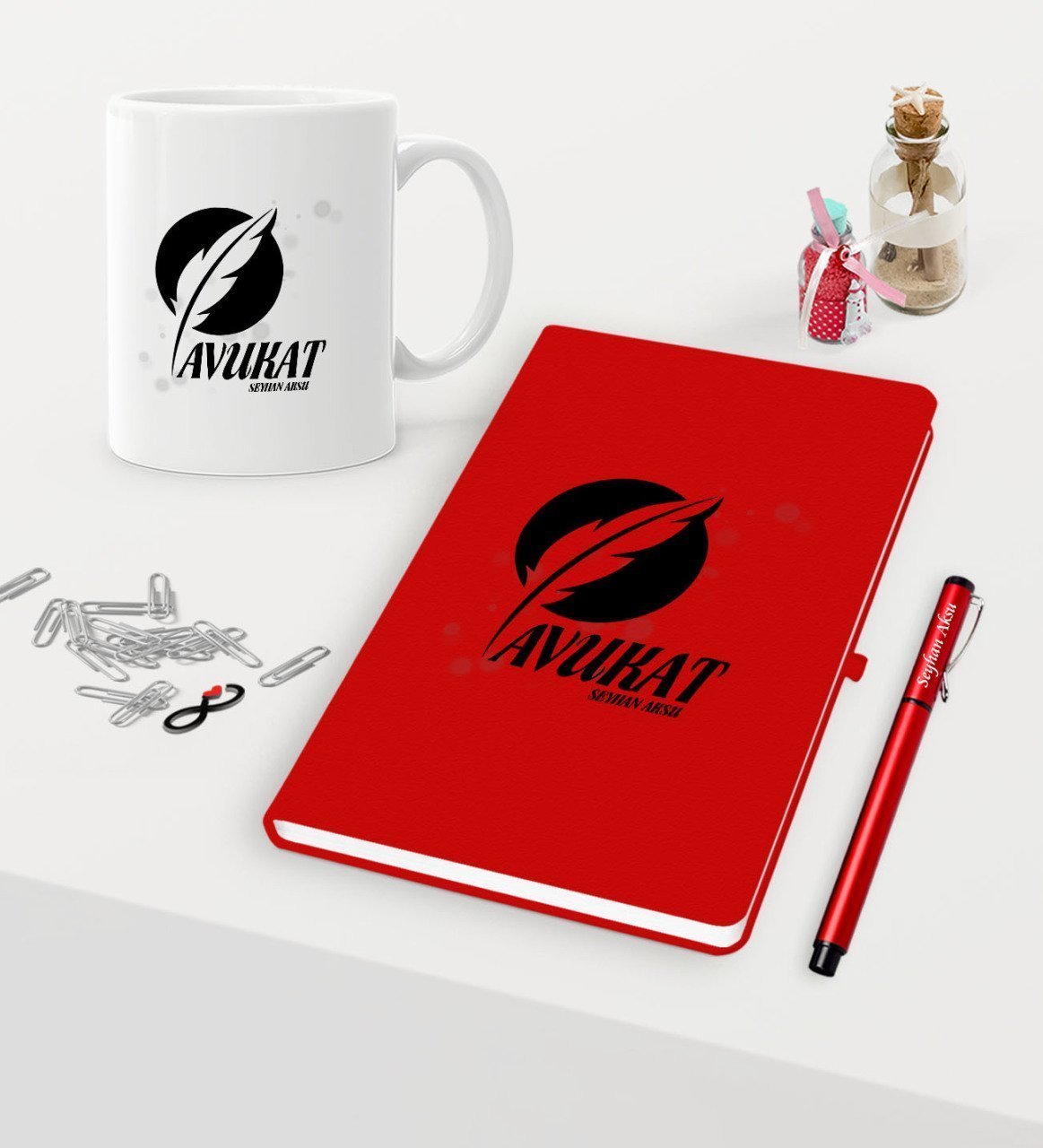 Kişiye Özel Avukat Temalı Kırmızı Defter Kalem Kupa Seti - 12