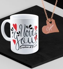 Kişiye Özel Sevgililer Temalı Kupa ve Rose Kalp Kolye Set - 82