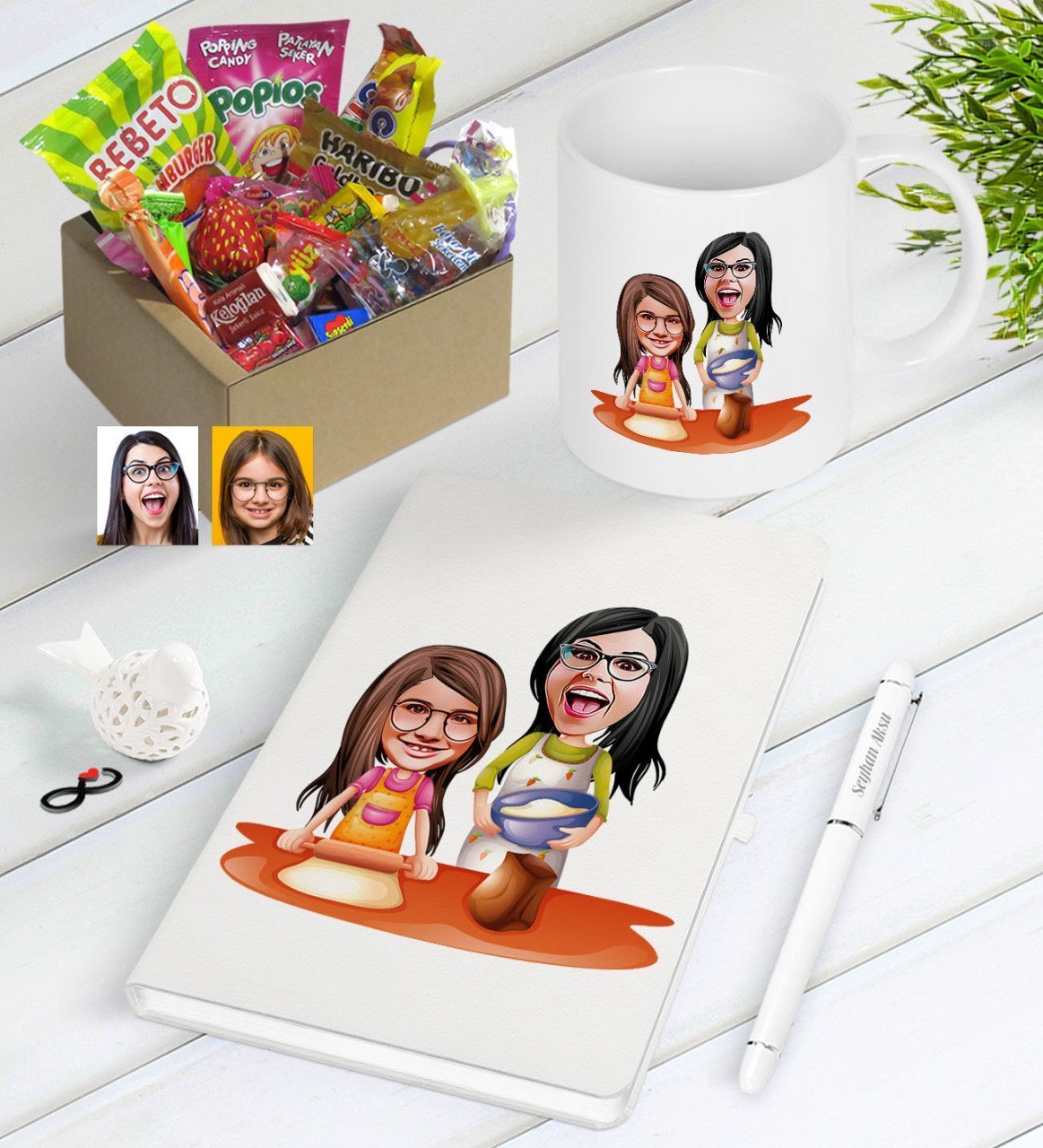 Kişiye Özel Anne Kız Karikatürlü Nostaljik Lezzetler Defter Kalem Kupa Hediye Seti-2