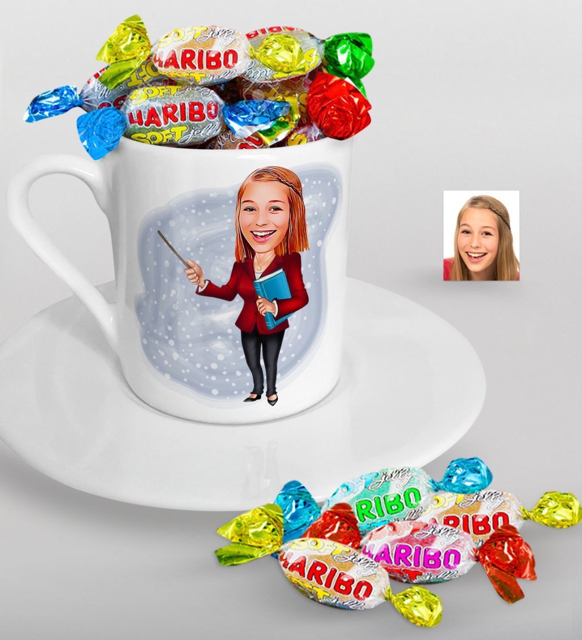Kişiye Özel Bayan Öğretmen Karikatürlü Türk Kahvesi Fincanı ve Haribo Şeker Hediye Seti-3