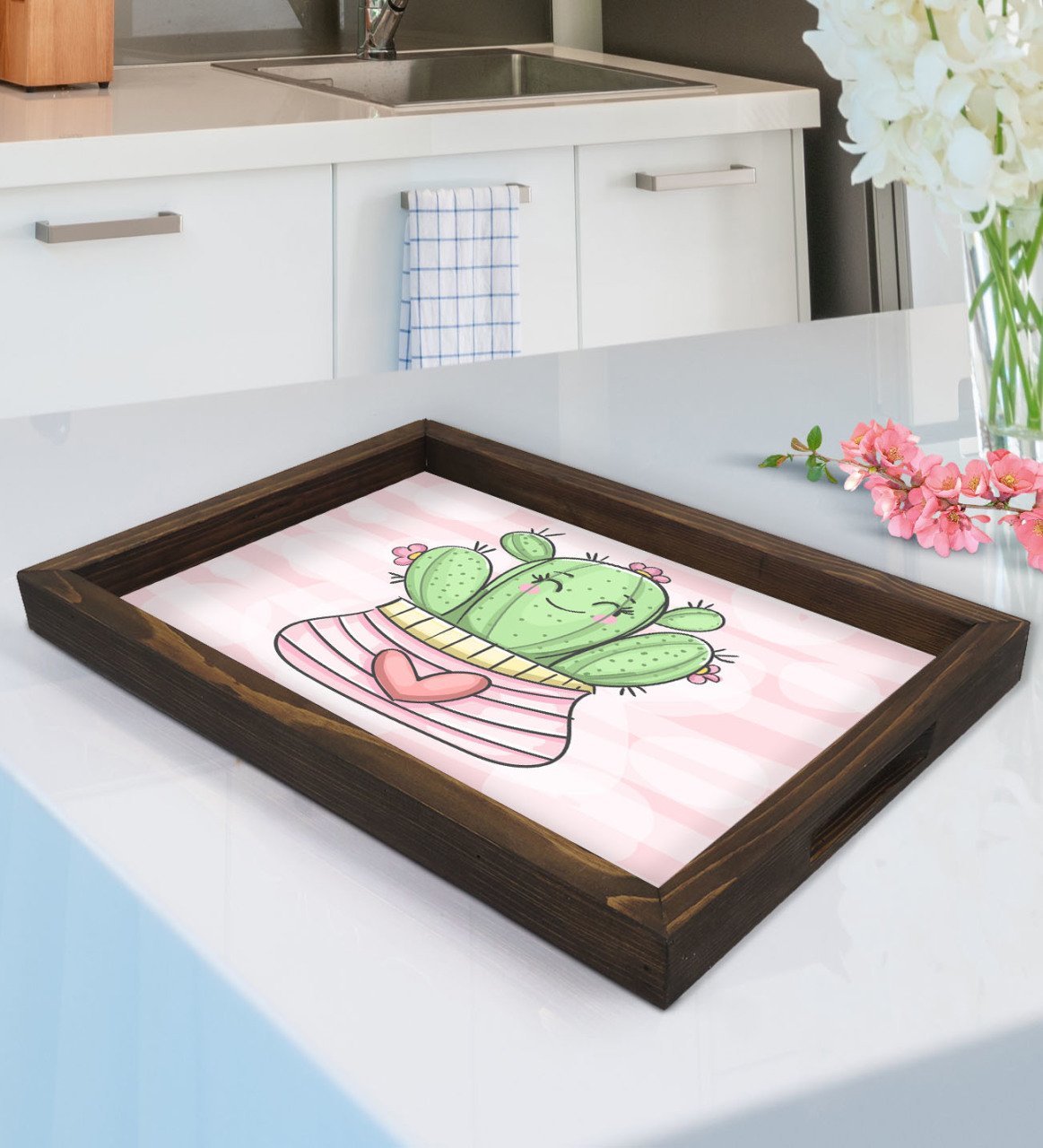 BK Gift Kaktüs Tasarımlı Doğal Ahşap Tepsi-1