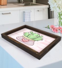 BK Gift Kaktüs Tasarımlı Doğal Ahşap Tepsi-1