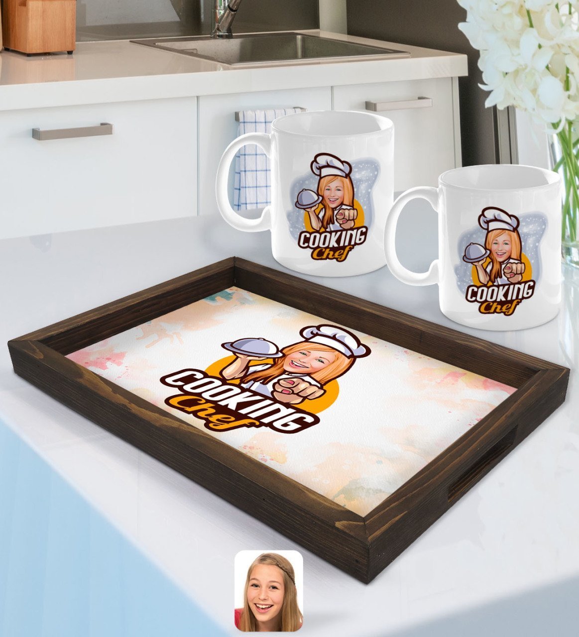 Kişiye Özel Kadın Chef Karikatürlü Doğal Ahşap Tepsi ve 2’li Kupa Bardak Seti-15
