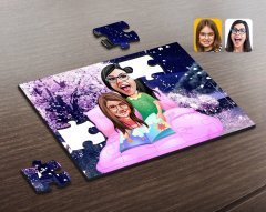 Kişiye Özel Anne Kız Karikatürlü Ahşap Puzzle-3