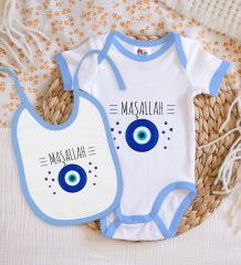 BK Kids Maşallah Tasarımlı Mavi Bebek Body Zıbın ve Mama Önlüğü Hediye Seti-1