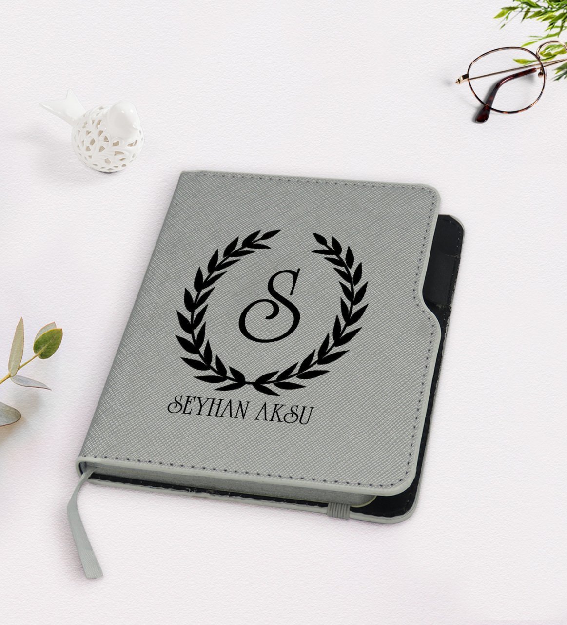 Kişiye Özel Çelenk Baş Harfli İsimli Gri Termo Deri Defter-2