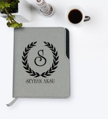Kişiye Özel Çelenk Baş Harfli İsimli Gri Termo Deri Defter-2