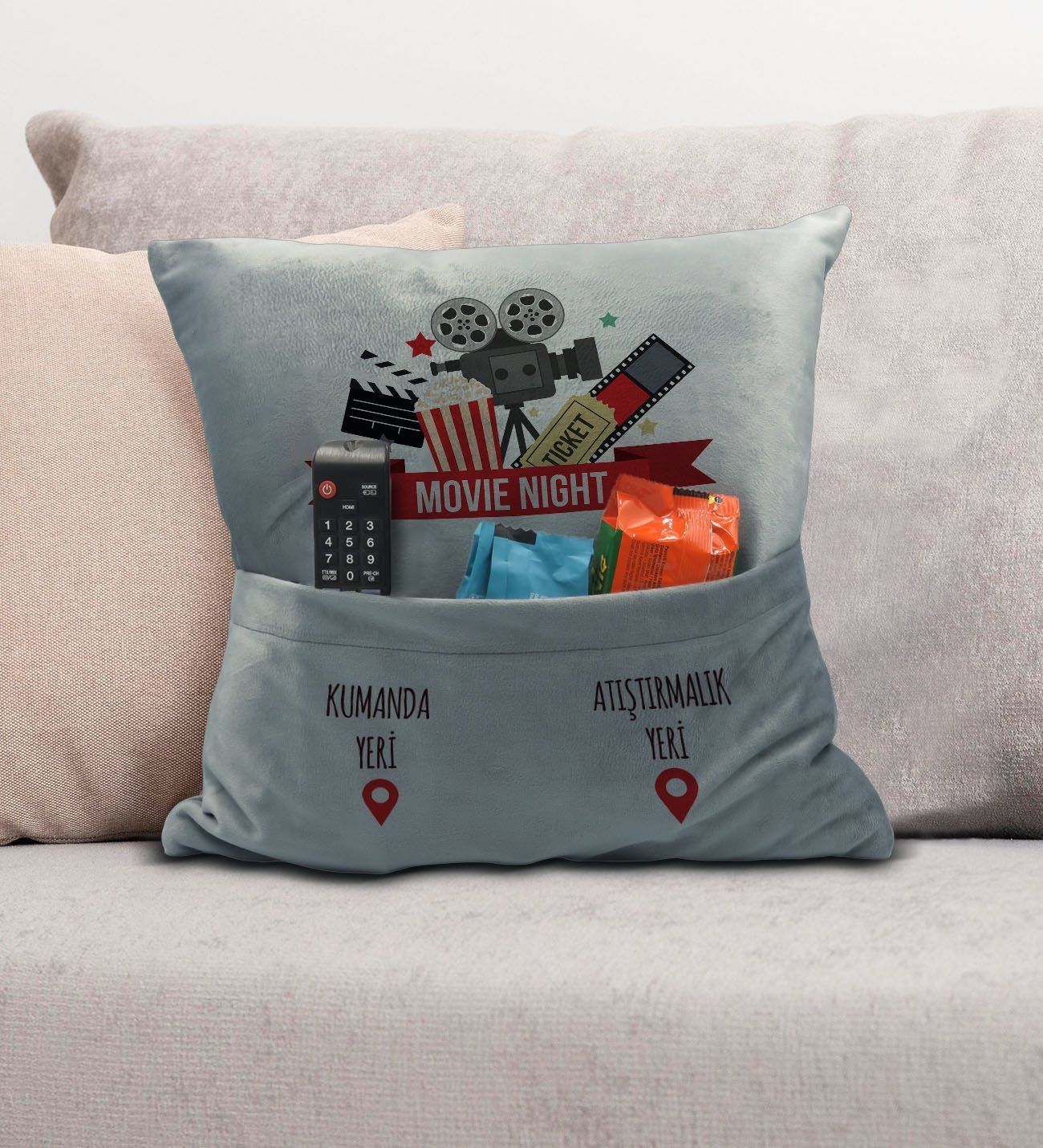 BK Gift Eğlenceli Tasarımlı Organizer Kumanda ve Atıştırmalık Cepli Gri Kırlent Yastık- 12, Ev Dekoru, Ev Hediyesi