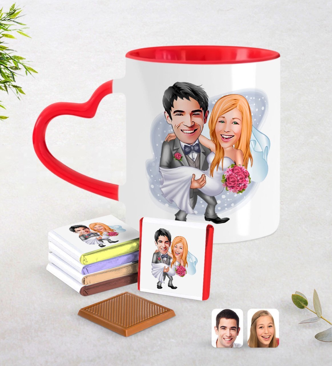 Kişiye Özel Sevgililer Günü Temalı Evleniyoruz Karikatürlü Kırmızı Kalpli Kupa ve Çikolata Seti-7