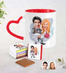 Kişiye Özel Sevgililer Günü Temalı Evleniyoruz Karikatürlü Kırmızı Kalpli Kupa ve Çikolata Seti-7