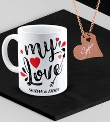 Kişiye Özel Sevgililer Temalı Kupa ve Rose Kalp Kolye Set - 81