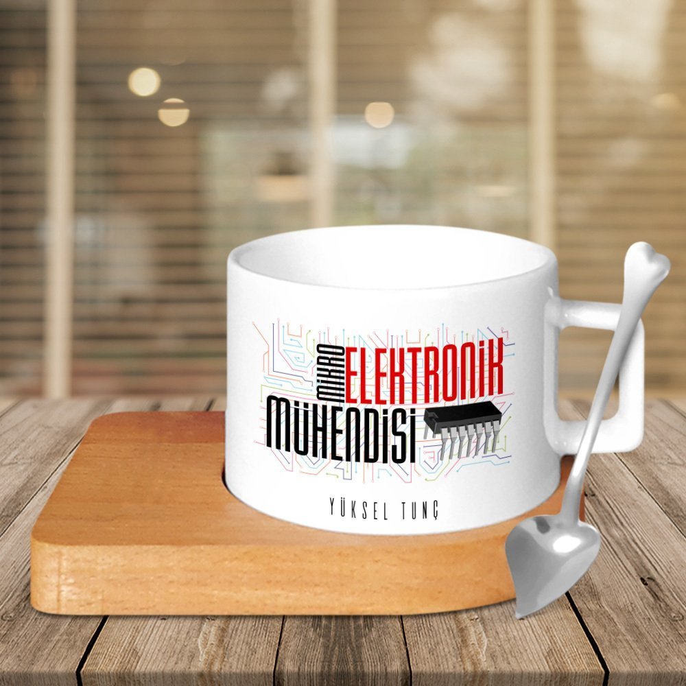 Kişiye Özel Mesleki Mikro Elektronik Mühendisi Ahşap Altlıklı Seramik Fincan - 1