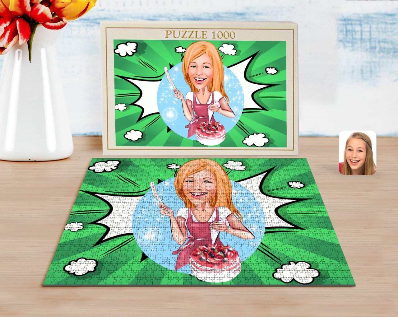 Kişiye Özel Kadın Aşçı Karikatürlü 1000 Parça Profesyonel Puzzle-1